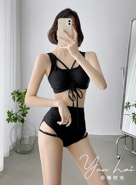 泳衣女韩国ins仙女范比基尼黑色温泉保守分体小平角 显瘦遮肚泳装