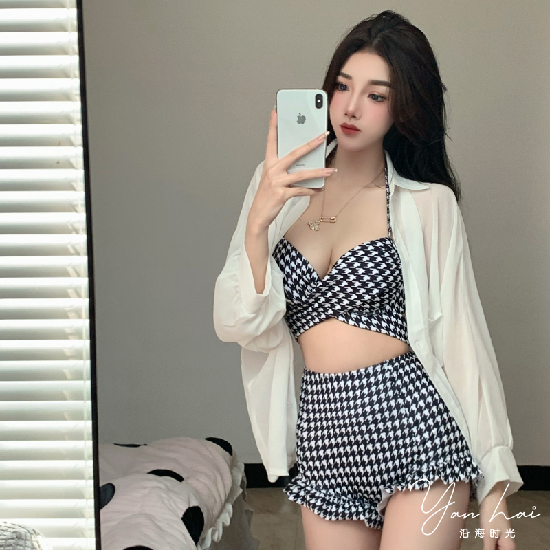 聚拢遮肚高腰千鸟格泳衣女比基尼
