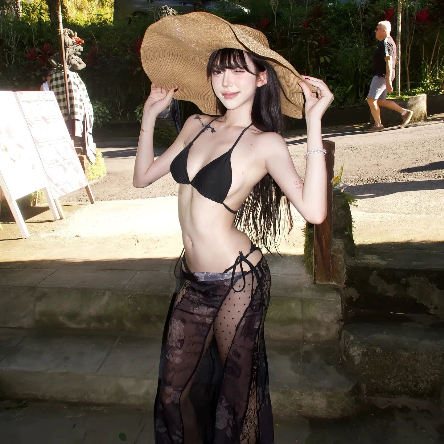 泳衣女黑色网纱透视长裙比基尼三件套显瘦度假风沙滩性感分体泳装