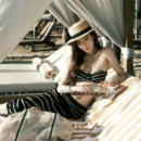 泳衣女郭晓婷同款 度假风温泉泳衣 条纹抹胸长裙比基尼三件套三角裤