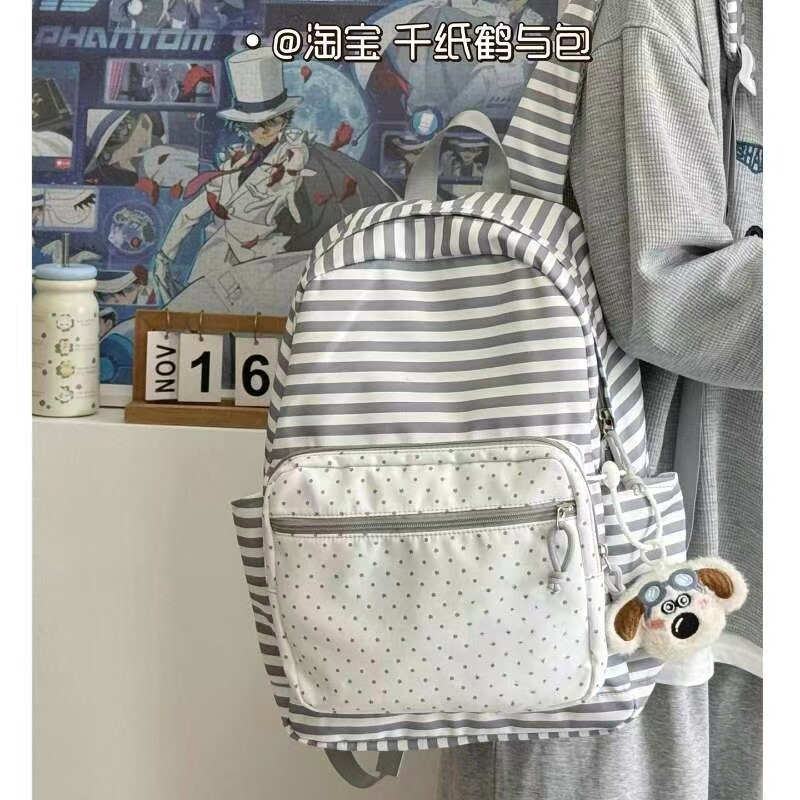 日系少女风条纹波点书包女学生大容量轻便校园双肩包简约百搭背包