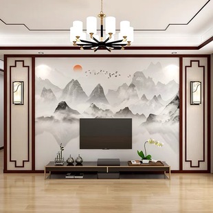 电视背景墙壁纸山水墨画客厅卧室墙纸影视墙布装 新中式 饰壁画