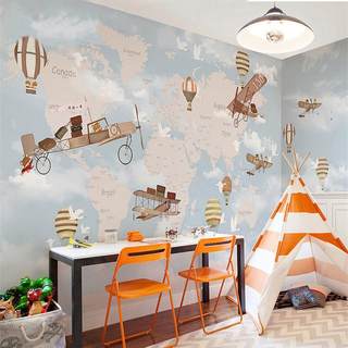 儿童房卡通世界地图壁纸热气球飞机背景墙布男女孩卧室3d环保墙纸