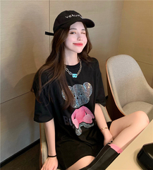 實拍實價~燙鑽小熊印花純棉白色短袖t恤女半袖上衣潮