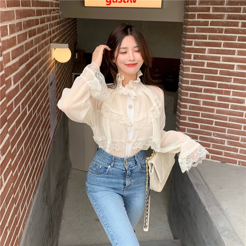 Real price ~ wood ear edge stand Collar Chiffon shirt women's Ruffle foreign style long sleeve loose trumpet sleeve shirt