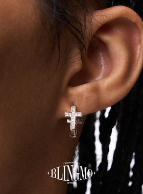BLINGMO S925纯银镶钻十字架耳扣锆石男女同款耳环hiphop耳饰