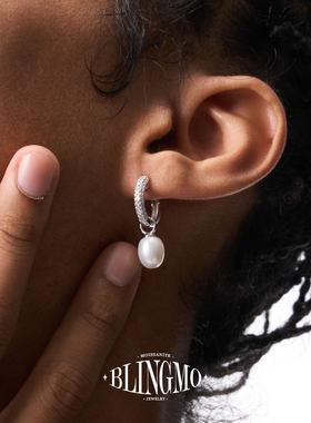 BLINGMO S925纯银天然淡水珍珠满钻锆石耳环气质男女老钱风耳饰