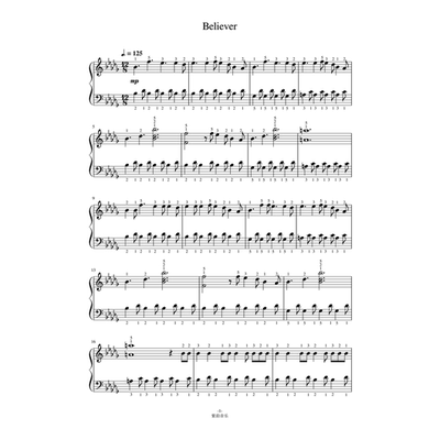 Believer 钢琴谱 全指法谱 高清正版完整版