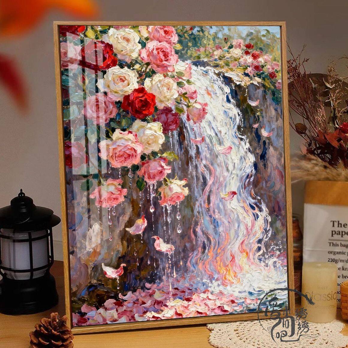 玫瑰花瀑布十字绣2026新款高级感艺术风景线绣客厅卧室手工绣diy