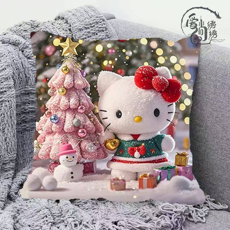 圣诞凯蒂猫十字绣抱枕新款卡通趣味线绣枕套沙发卧室刺绣diy靠枕
