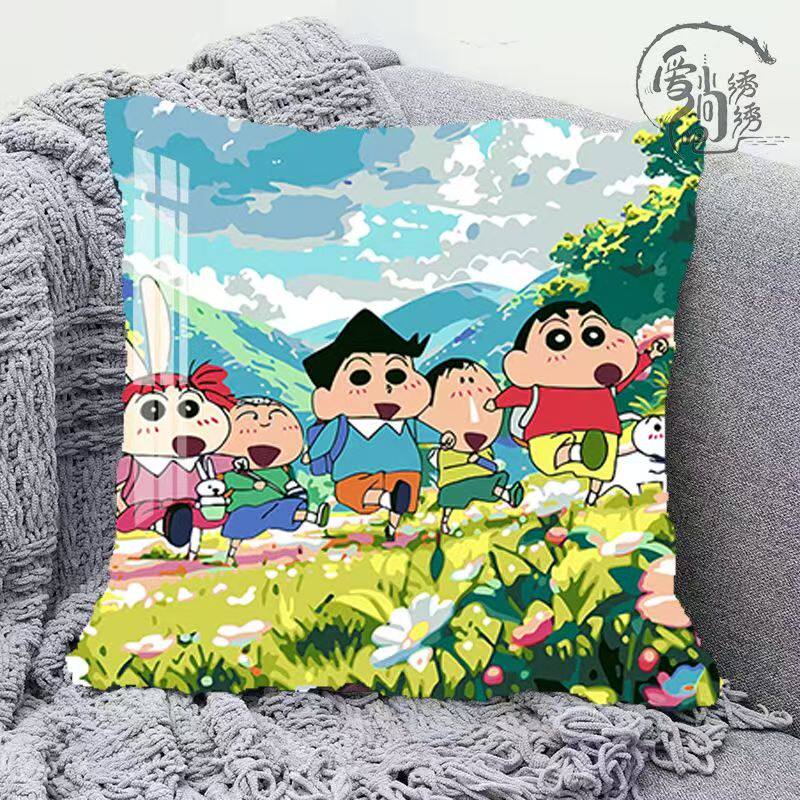 蜡笔小新十字绣抱枕新款春游可爱线绣枕套沙发卧室手工绣diy靠枕
