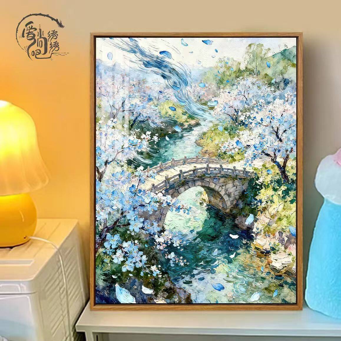 花桥流水十字绣新款高颜值古风风景线绣客厅玄关竖版手工diy自绣