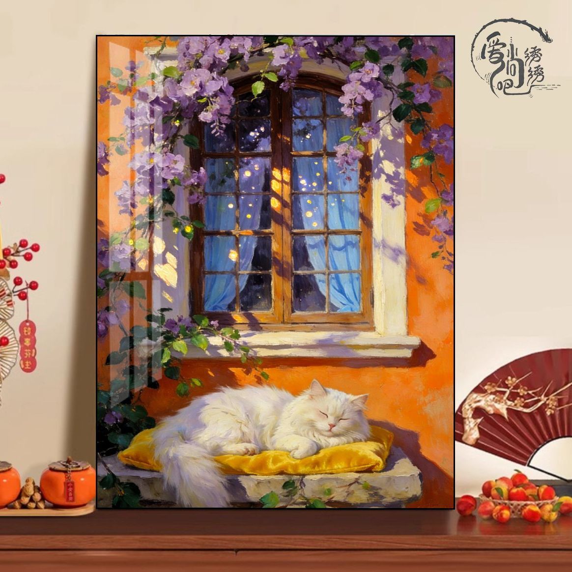 紫藤花白猫十字绣原创新款高级感油画风线绣客厅卧室手工diy刺绣