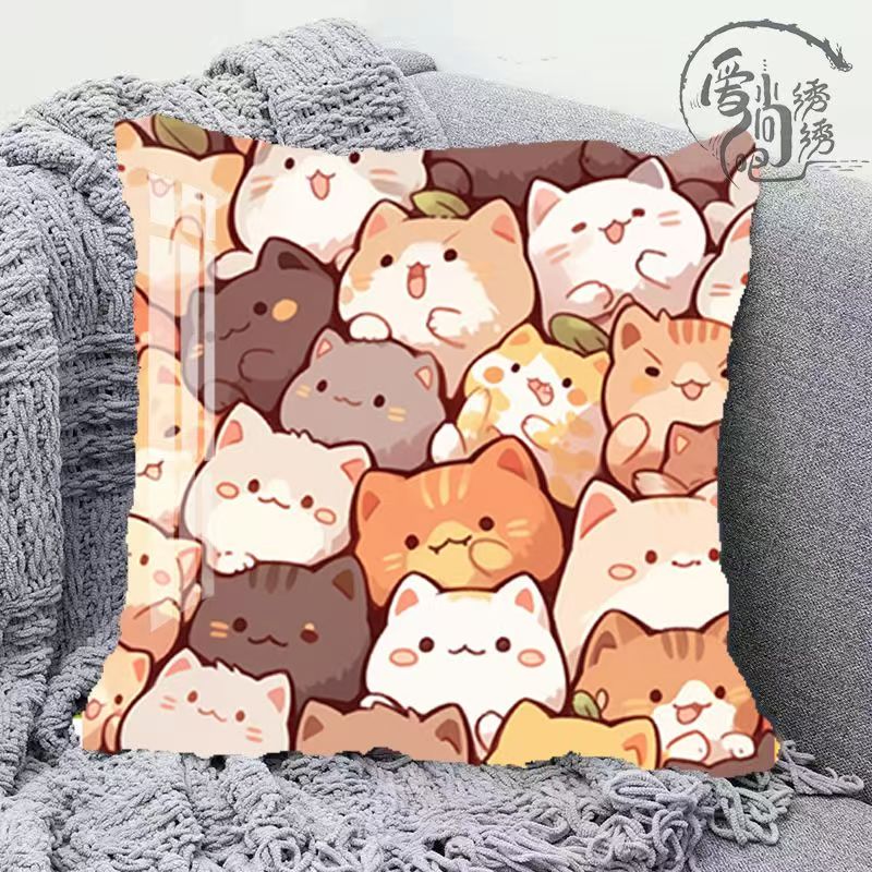 卡通小猫咪十字绣抱枕新款治愈可爱线绣枕套沙发卧室刺绣diy靠枕