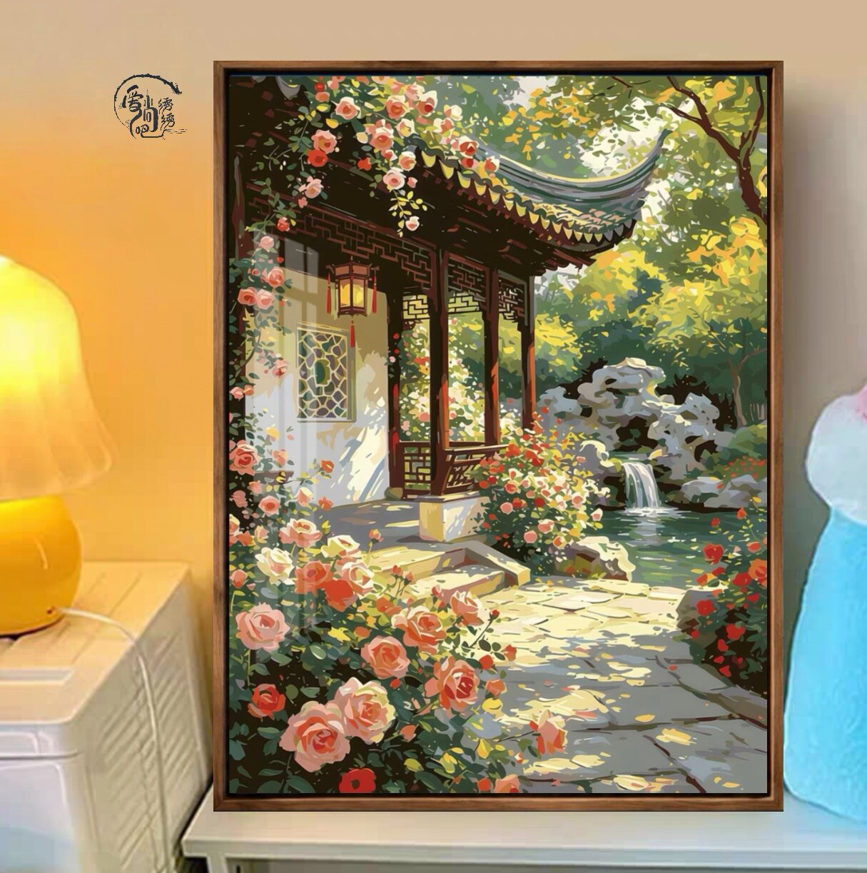 国风庭院玫瑰十字绣新款新中式山水风景线绣客厅玄关手工diy刺绣