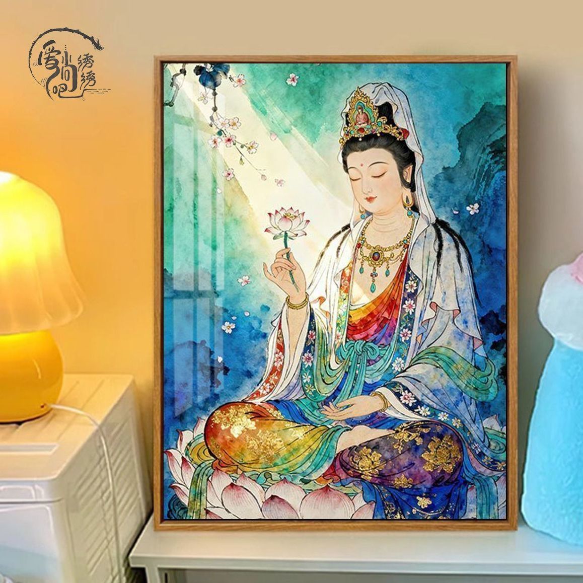 坐莲观音菩萨十字绣新款国风佛堂供奉人物画像客厅玄关diy手工绣