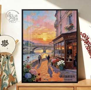 唯美夕阳湖畔十字绣原创新款高颜值治愈风景线绣客厅玄关diy刺绣