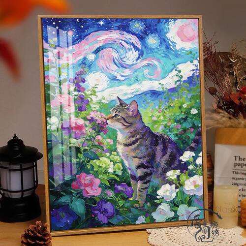 梵高花海猫咪十字绣新款高颜值治愈风景线绣客厅卧室手工diy小件