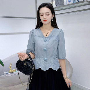 V领时尚 女士秋季 法式 衬衫 衬衣设计感宽松遮肉上衣 新款 洋气五分袖