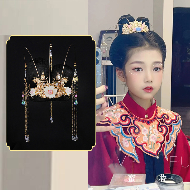 儿童古装假发头饰可爱女童饰品古风汉服流苏凤冠头冠假发包套装