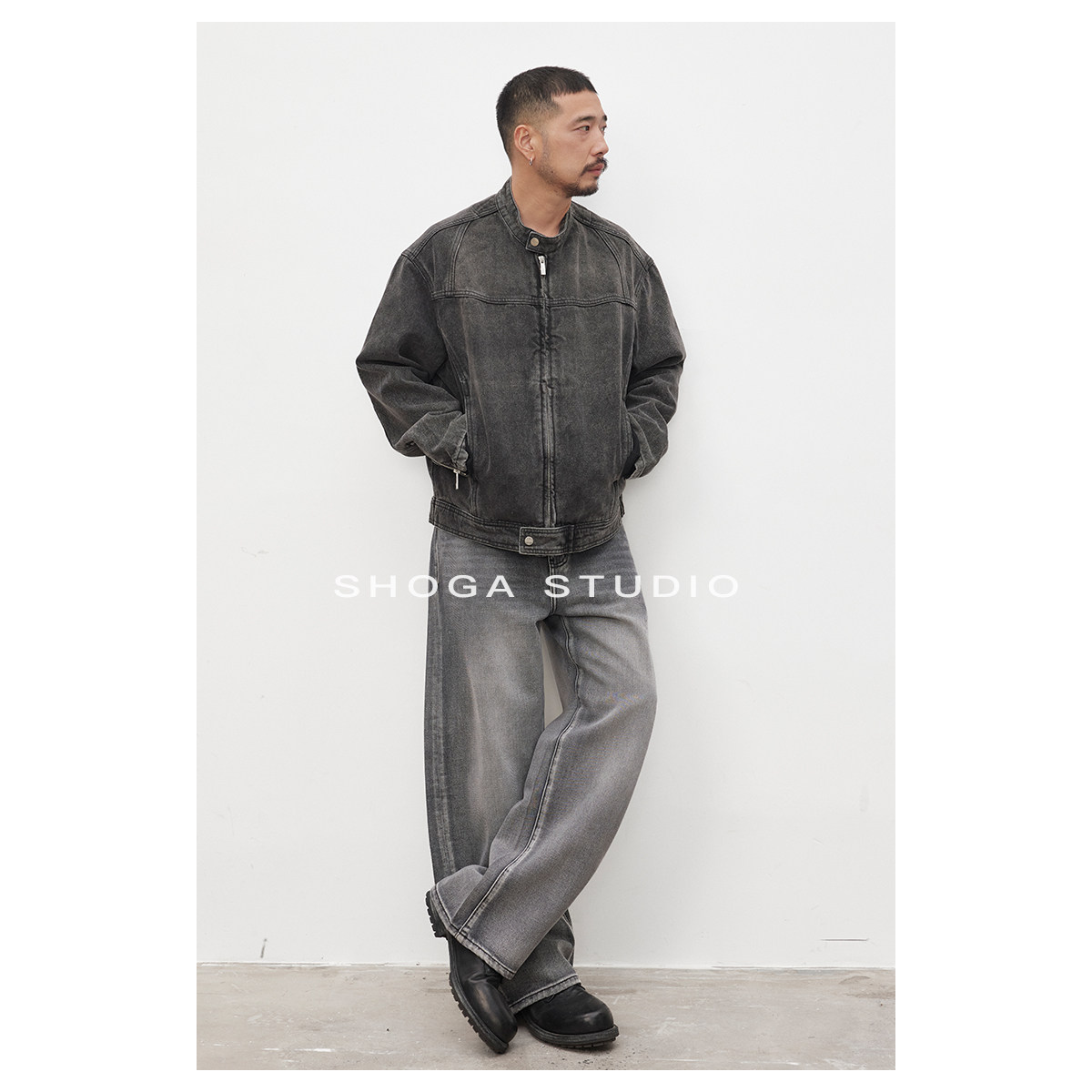 SHOGA立领牛仔外套男士美式复古机车黑色牛仔衣休闲哈灵顿夹克潮