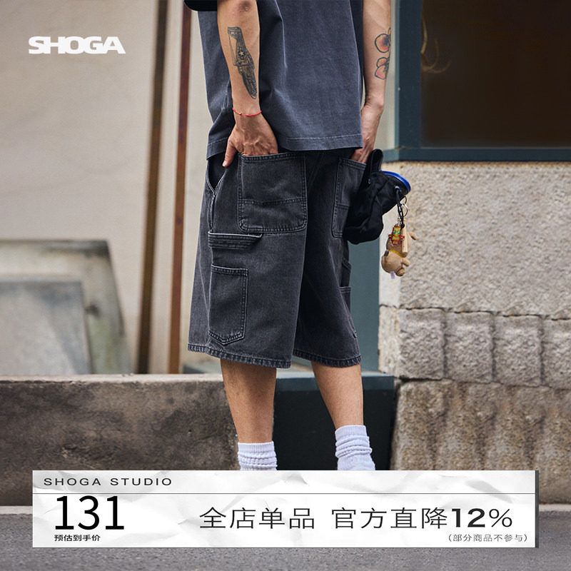 SHOGA竹节棉牛仔短裤男夏潮牌新疆长绒棉日系复古宽松休闲五分裤