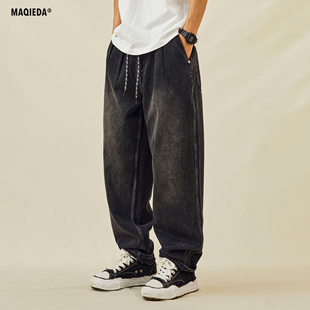 男士 抽绳宽松裤 水洗休闲老爹裤 男款 子 潮牌直筒牛仔长裤 马切达秋季