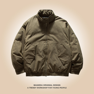 马切达2025新款冬季美式复古立领纯色羽绒服男款工装休闲宽松外套