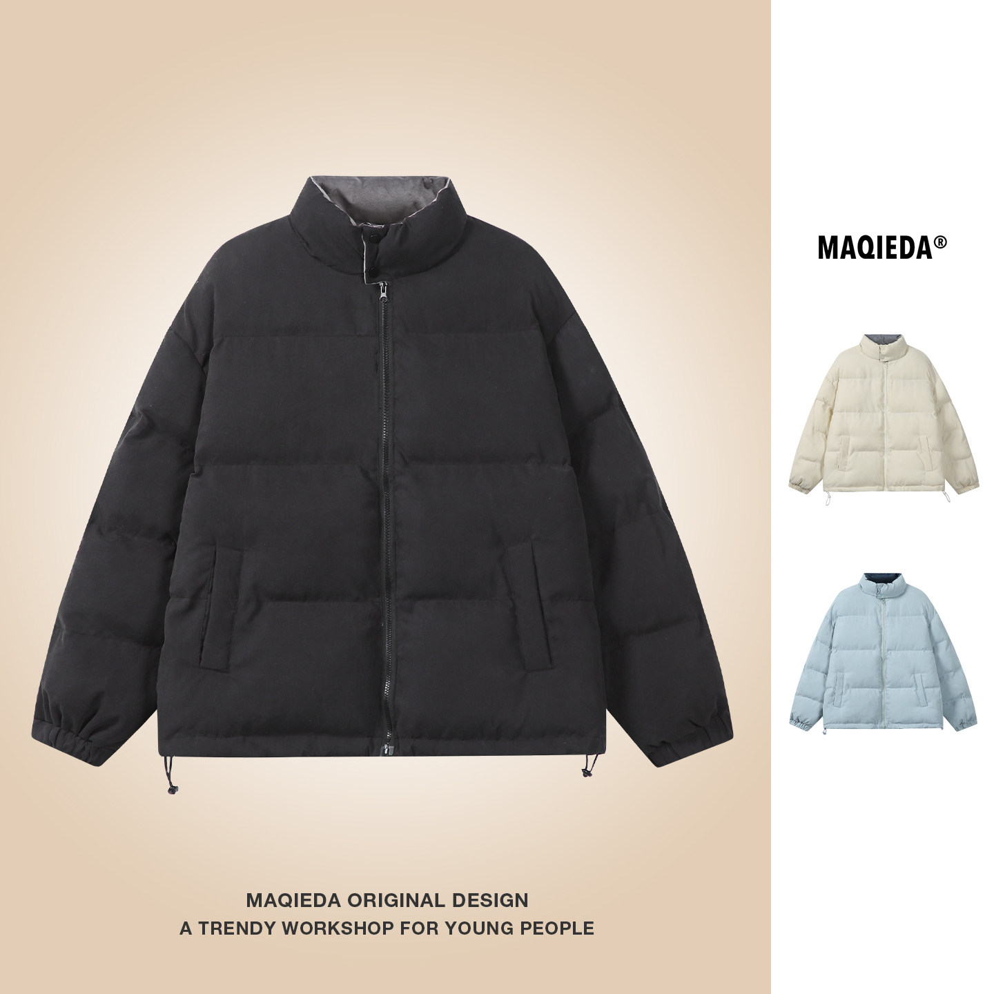 马切达冬季纯色情侣立领棉衣