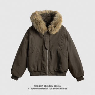 休闲外套 美式 马切达冬季 加厚男女保暖连帽棉服可拆卸毛领棉衣工装