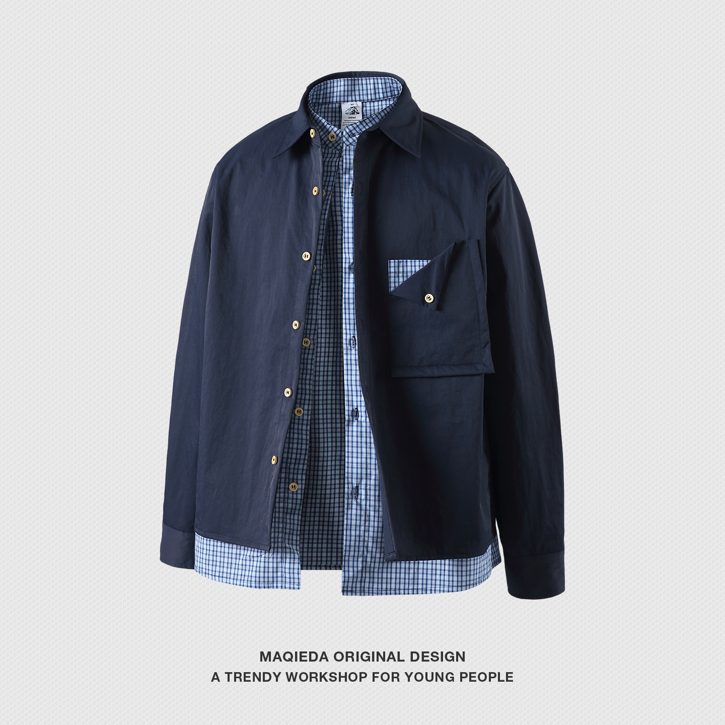 马切达春季假两件美式格子衬衫男生翻领拼接口袋衬衣休闲长袖外套,男装,衬衫,淘宝优惠券,粉丝福利购,淘宝优惠卷