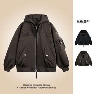 马切达冬季美式字母刺绣棒球服可拆卸帽子羽绒服男款潮牌复古外套