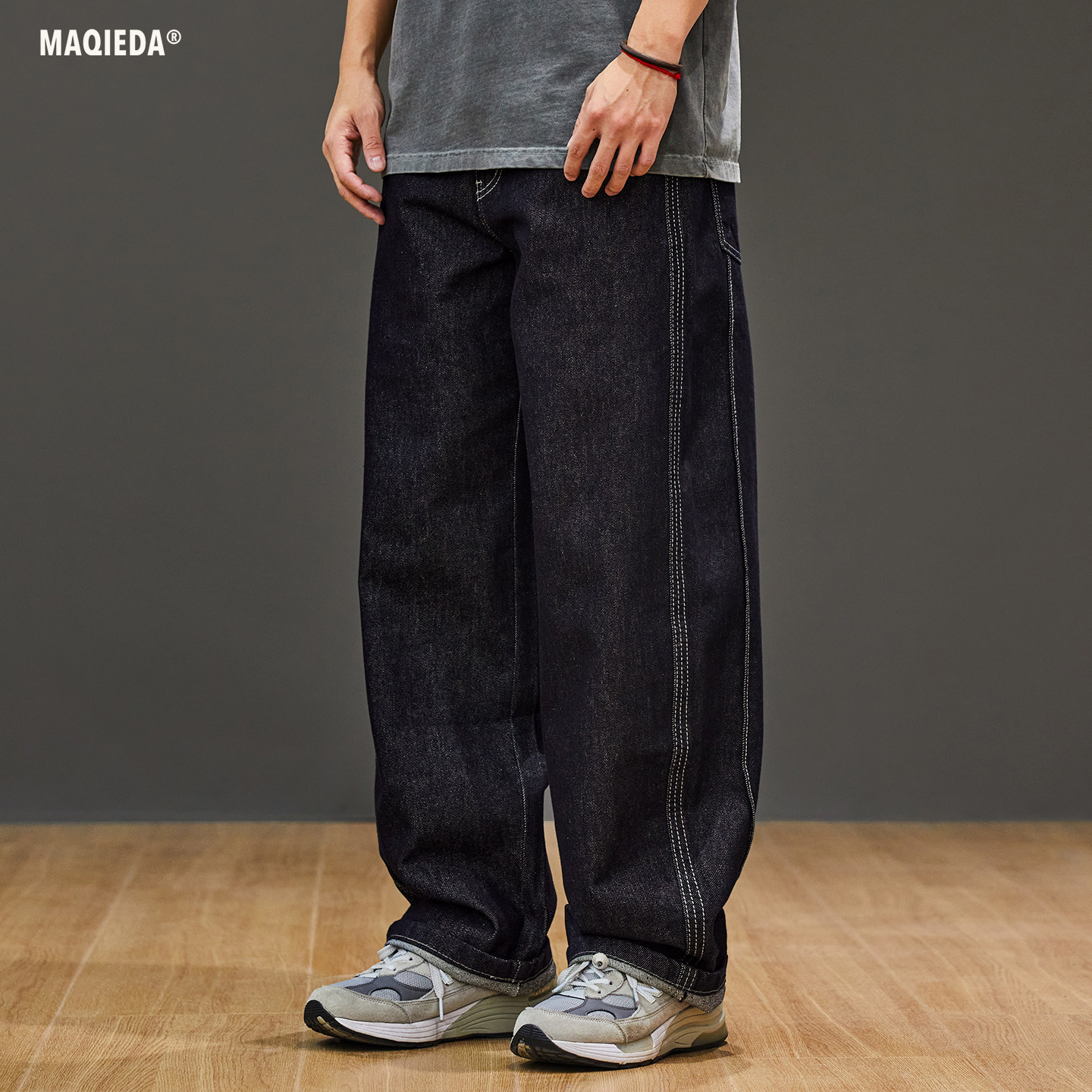 日系秋季水洗直筒男士百搭牛仔裤黑色复古裤子休闲辑明线男款长裤,男装,牛仔裤,淘宝优惠券,粉丝福利购,淘宝优惠卷