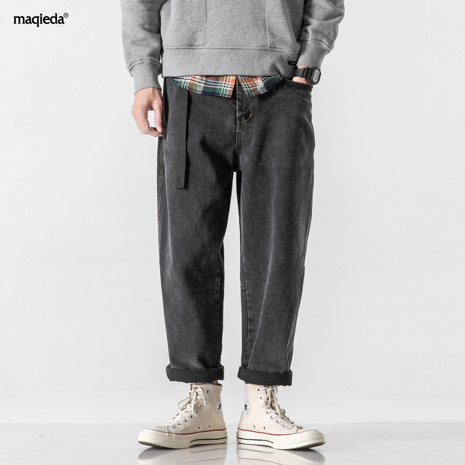 马切达春季复古黑色男士牛仔裤水洗宽松直筒休闲裤新款做旧长裤潮 - 马切达工作室出品