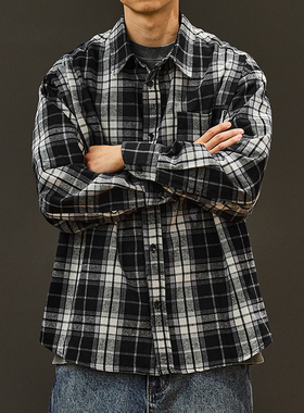 马切达秋季通勤日系男款衬衫格子复古纯棉长袖男士高级感文艺衬衣