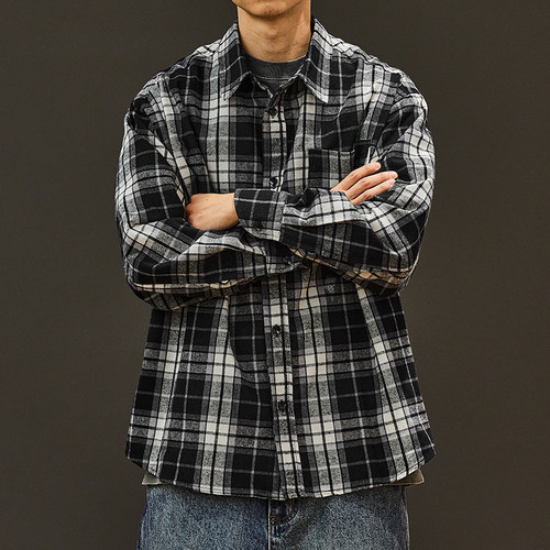 马切达翻领黑色格子休闲衬衫外套