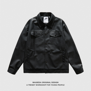 马切达秋冬机车防风PU皮外套男款鳄鱼纹痞帅复古夹克工装翻领男装