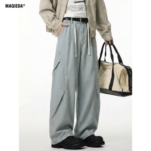 复古工装 长裤 抽绳直筒弯刀休闲裤 美式 宽松裤 男士 男款 子潮 重磅春季