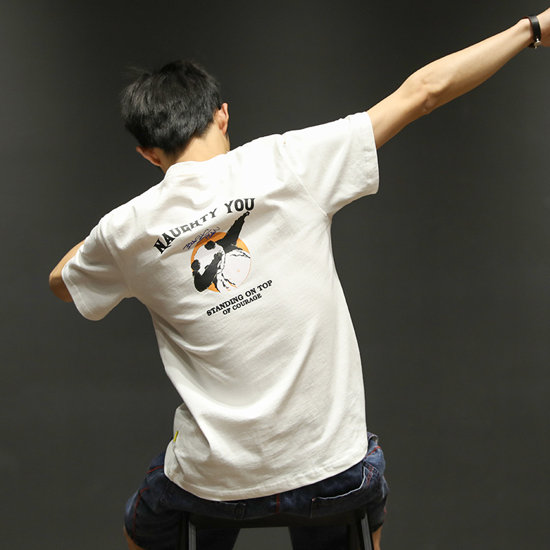 马切达夏季半袖男潮短袖嘻哈白色港风T恤宽松韩版青少年学生圆领券后68.00元