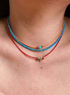 小北羊原创设计 极细红色印度琉璃珠项链锁骨链叠带女款多巴胺