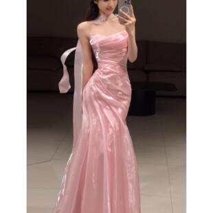 粉色绝美超仙敬酒服抹胸鱼尾订婚礼服女高级感宴会主持人晚装长裙