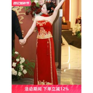 新中式红色抹胸敬酒服新娘结婚礼服裙高级感刺绣订婚答谢宴回门服