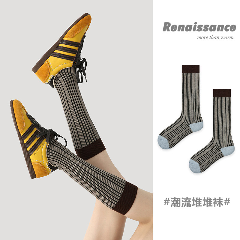 Renaissance原创女袜秋冬中筒袜双针双路无骨堆堆袜复古ins袜子女