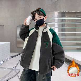 男童加绒外套秋冬装2025新款儿童冬季羊羔绒毛毛衣中大童加厚棉衣