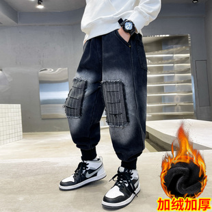 男童加绒裤子2025新款秋冬装儿童一体绒牛仔裤中大童男孩春秋长裤