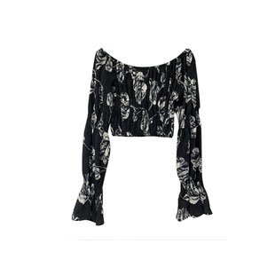 2022秋长袖套头修身常规印花设计感小众辣妹纯欲短款一字肩上衣