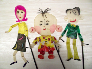 皮影戏道具动画版皮影人物（一家三口)人偶带杆操作幼儿园表演