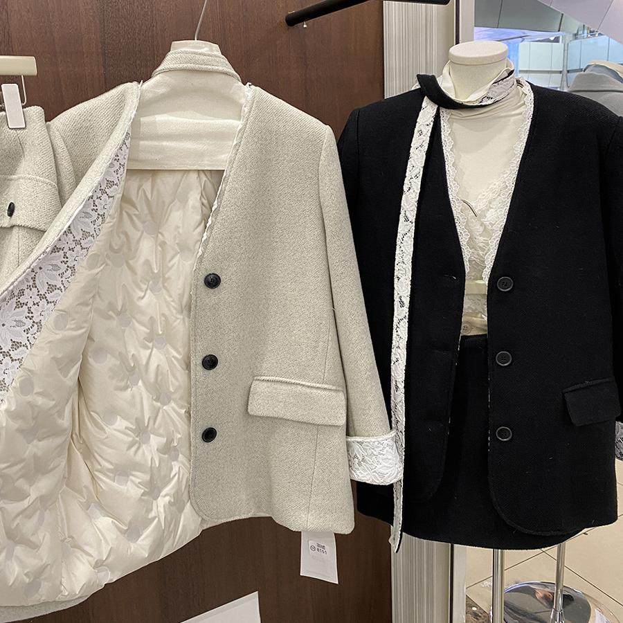 羽绒外套+单里半身裙两件套女24冬季加厚配蕾丝拼接毛呢西装套装,女装/女士精品,时尚套装,淘宝优惠券,粉丝福利购,淘宝优惠卷