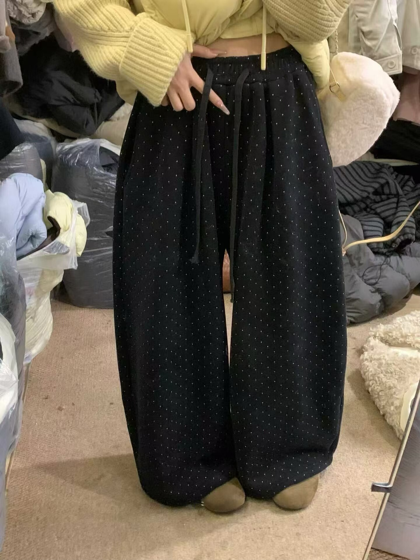 韩系波点阔腿裤女2025冬季新款松紧腰宽松显瘦百搭休闲加绒长裤子,女装/女士精品,休闲裤,淘宝优惠券,粉丝福利购,淘宝优惠卷