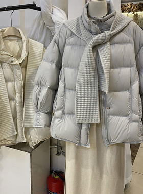 韩系设计感可拆卸针织披肩领羽绒服25冬女百搭连帽白鸭绒保暖外套